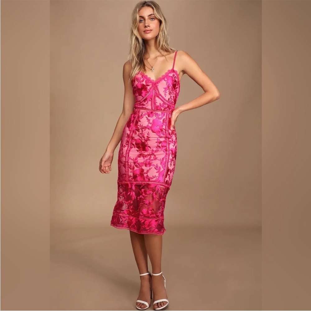 Lulus Deeply Cherished Lace Midi Dress Hot Pink Nude Size Large Floral